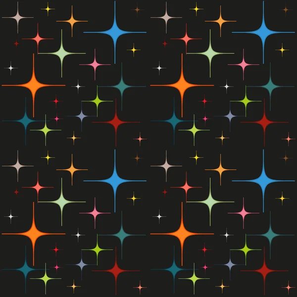 Colorful glowing stars on black background, seamless pattern — Stock Vector