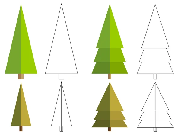 Conjunto de 4 árboles de coníferas planas aisladas y variación de libro para colorear — Vector de stock