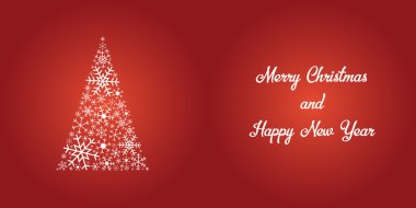 Neşeli Noel kartı - parlak beyaz kar tanesi ağaç ve metin üzerinde 
