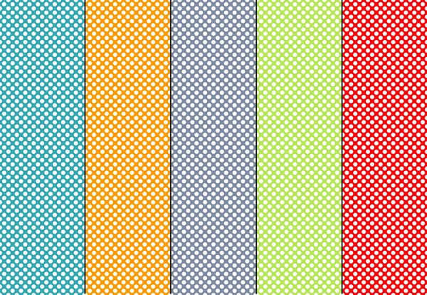 Set of 5 seamless polka dot patterns in blue, orange, grey, gree — Stock Vector