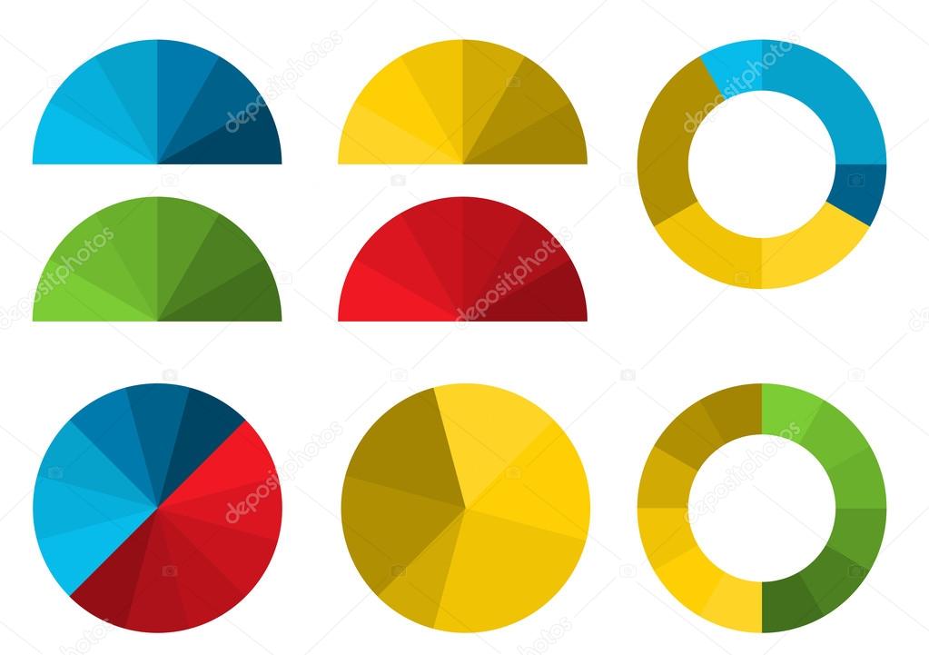 Set of 4 colorful half pie diagrams in color shades and 4 full p