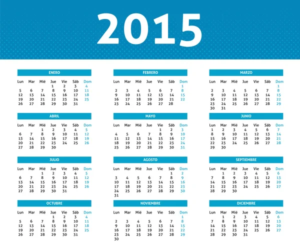 Календар 2015 року в синьому півтоновому стилі (з понеділка по неділю) на іспанській мові — стоковий вектор