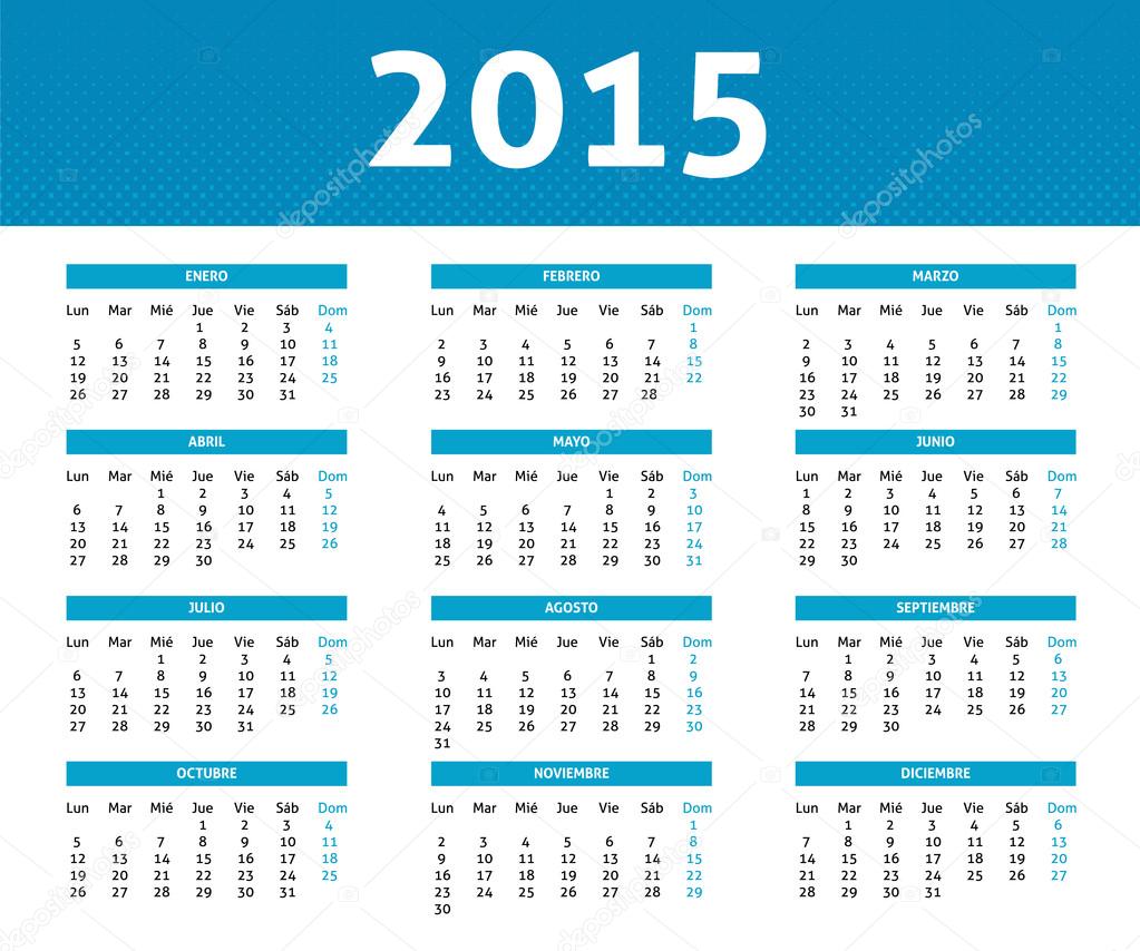 2015 calendar in blue halftone style (Monday to Sunday) in Spani