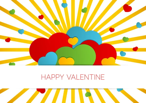 Feliz tarjeta de San Valentín con corazones y estallido de sol — Vector de stock