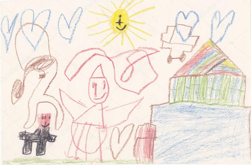 Child picture of  house, creatures, sun and hearts