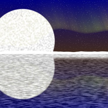 Büyük ay, gece gökyüzü ve karlı ufuk üzerinde aurora çizimi