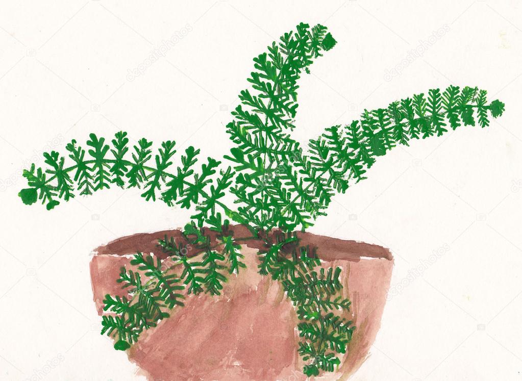 Original child painting of fern in flowerpot