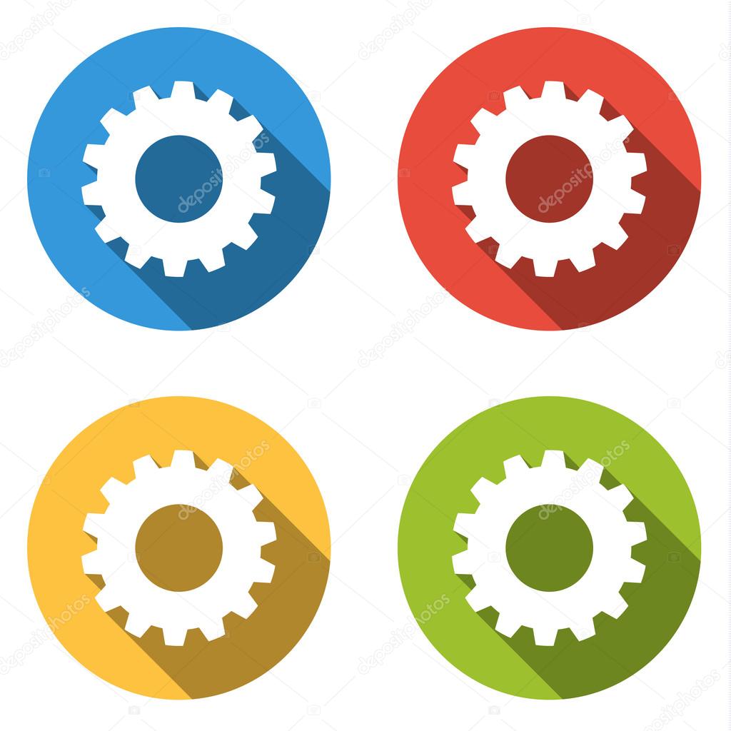 Collection of 4 isolated flat colorful buttons for gear with long shadow