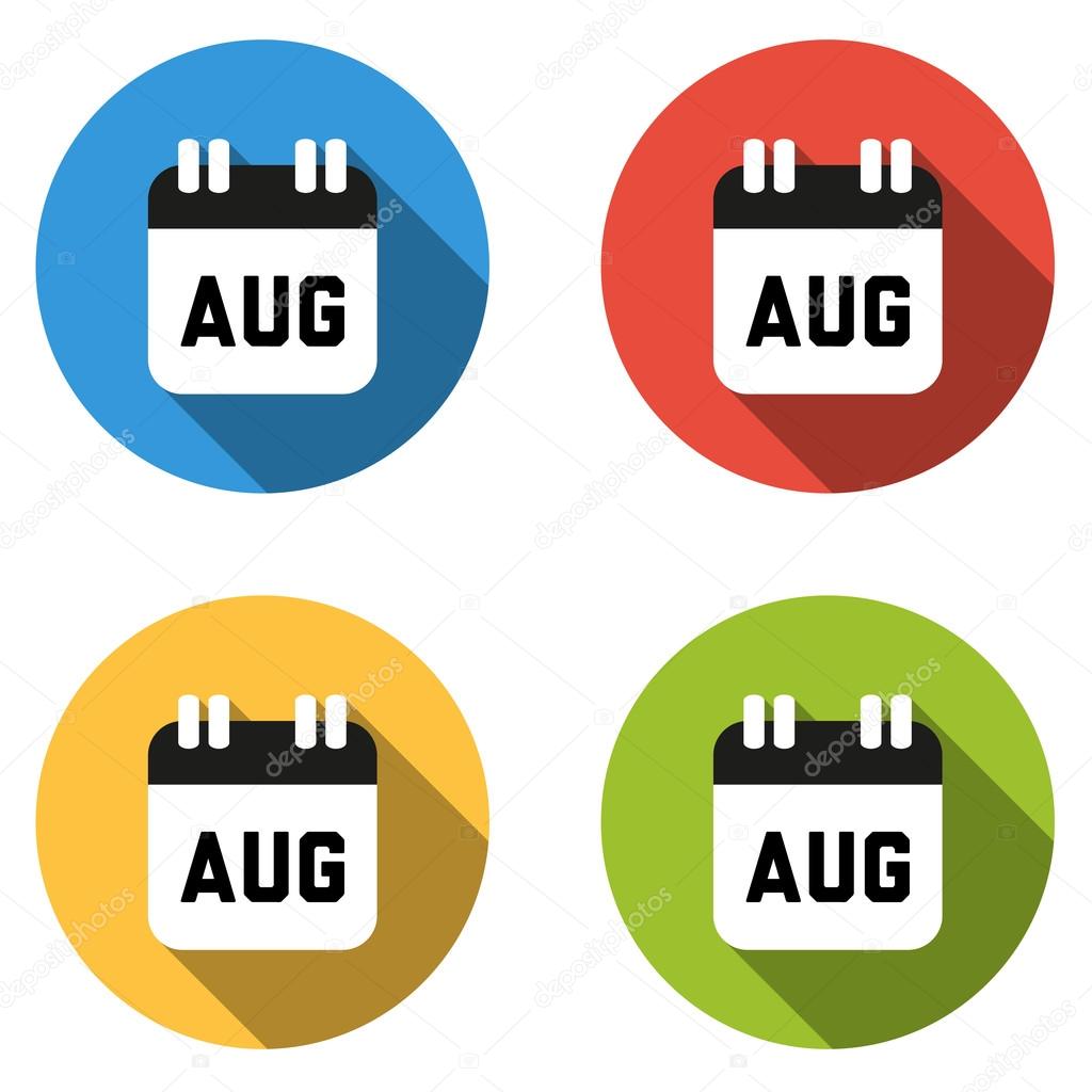 Collection of 4 isolated flat colorful buttons for August (calen