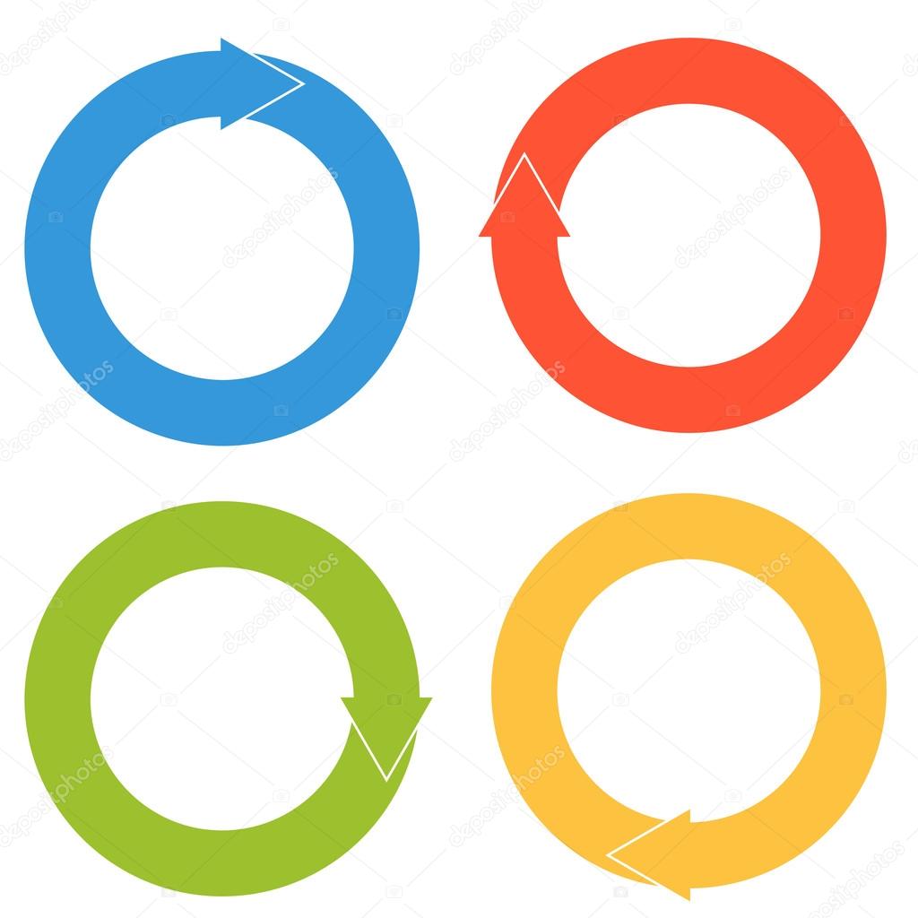 Collection of 4 isolated flat colorful circular arrows with only