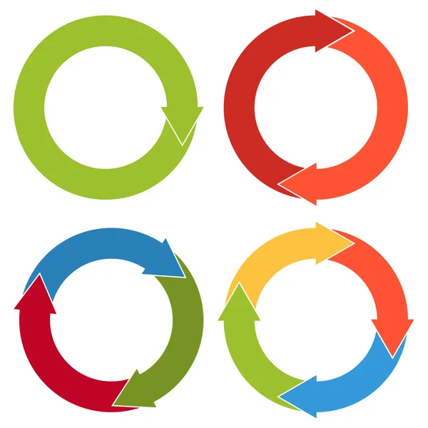 Conjunto de 4 flechas circulares planas aisladas de colores con diferentes n — Archivo Imágenes Vectoriales