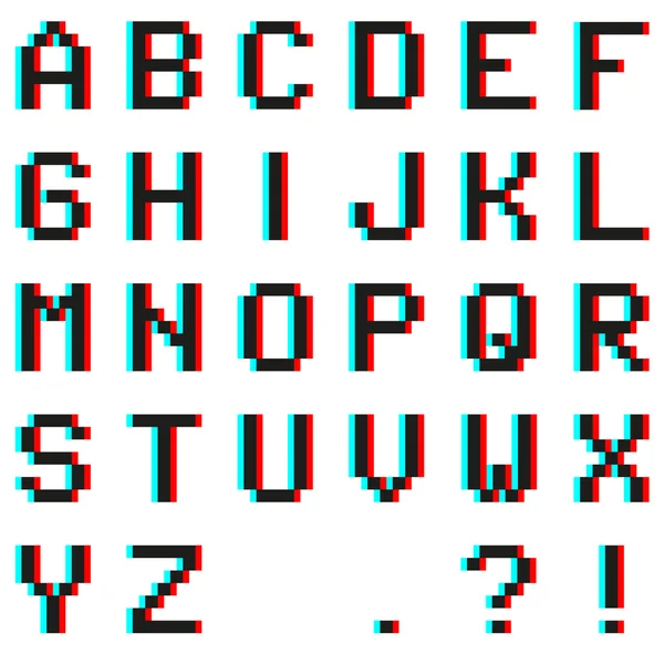 Alfabeto de pixel com efeito Anaglyph 3D — Vetor de Stock
