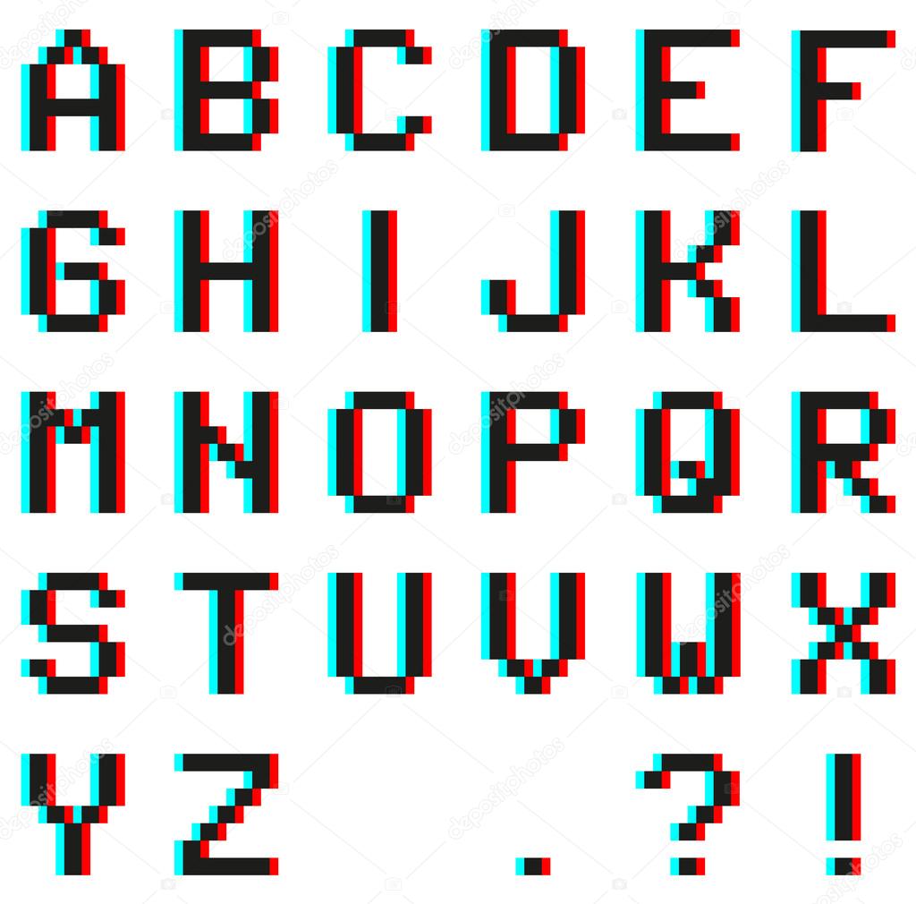 Pixel alphabet with Anaglyph 3D effect