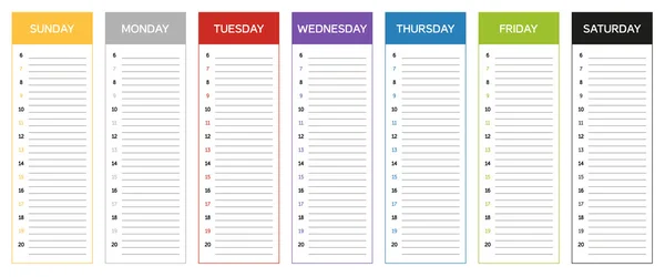 Calendario di pianificazione di settimana in colori del giorno — Vettoriale Stock
