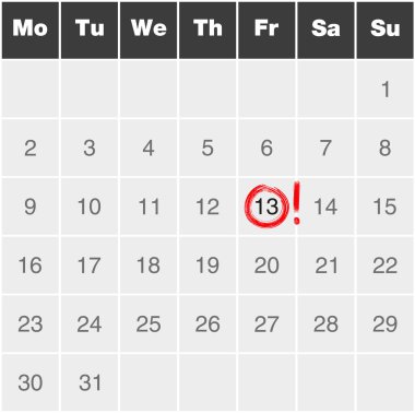 Ay takvimi pazartesiden pazara kırmızı ile işaretlenmiş Cuma 13.
