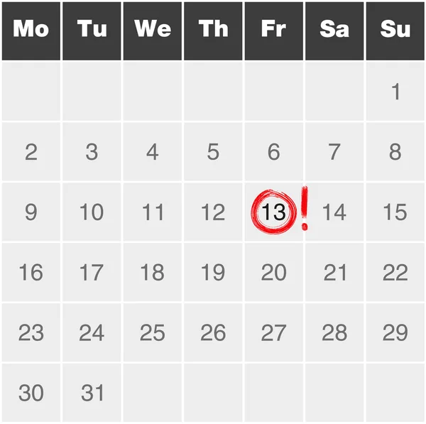 Ay takvimi pazartesiden pazara kırmızı ile işaretlenmiş Cuma 13.