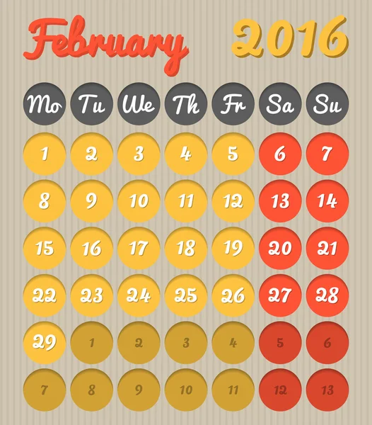 Calendario de planificación del mes - Febrero 2016 — Vector de stock