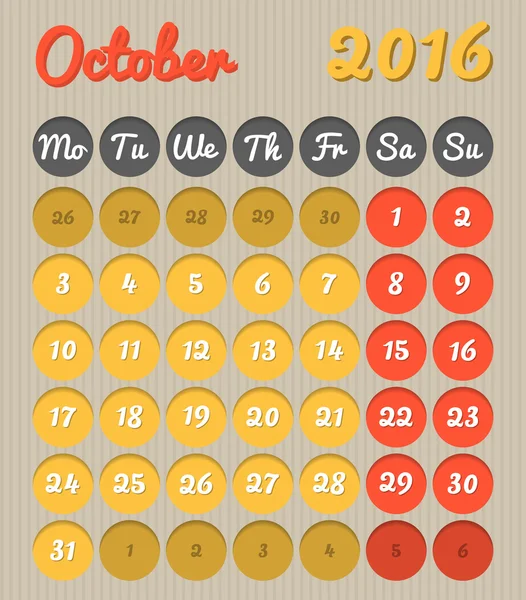 Calendario de planificación del mes - Octubre 2016 — Archivo Imágenes Vectoriales