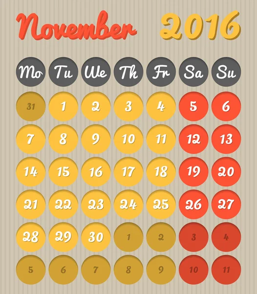Calendario de planificación del mes - Noviembre 2016 — Archivo Imágenes Vectoriales