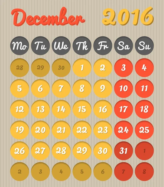 Calendario de planificación del mes - Diciembre 2016 — Archivo Imágenes Vectoriales