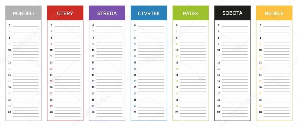 Week planning calendar in colors of the day in Czech language