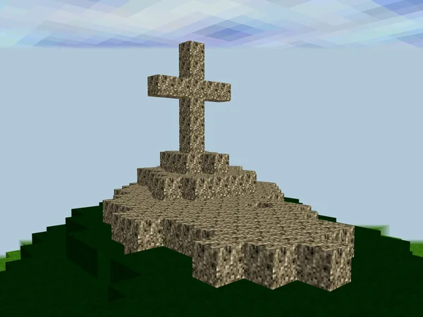Landschaft aus Pixelquadraten mit Kreuz an der Spitze — Stockfoto