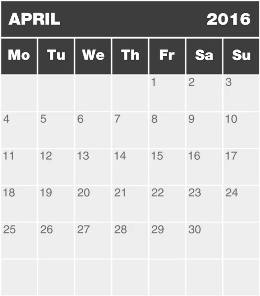 Calendario clásico de planificación de meses - Abril 2016 — Archivo Imágenes Vectoriales