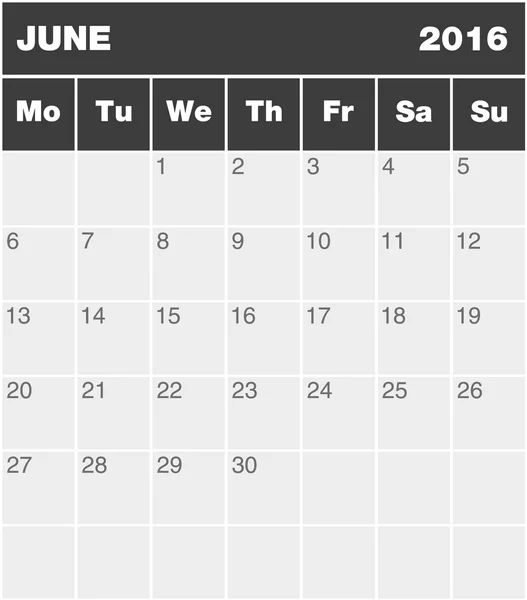 Calendario clásico de planificación de meses - Junio 2016 — Archivo Imágenes Vectoriales