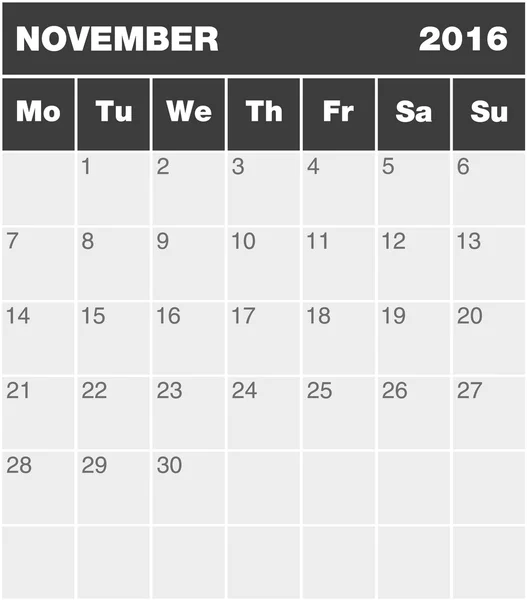 Calendrier de planification de mois classique - Novembre 2016 — Image vectorielle