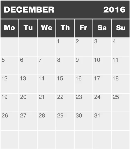 Calendario clásico de planificación de meses - Diciembre 2016 — Archivo Imágenes Vectoriales