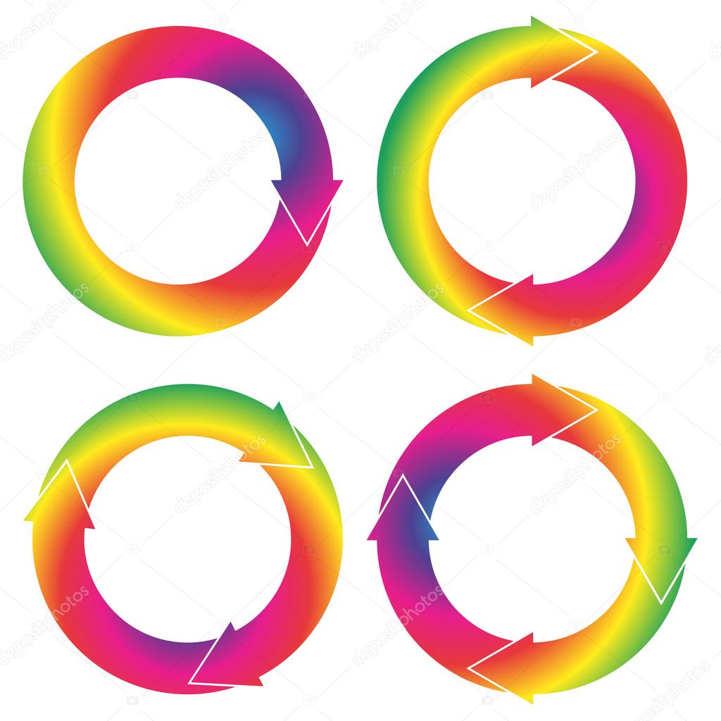 Collection f 4 isolated circular arrows in rainbow color gradien