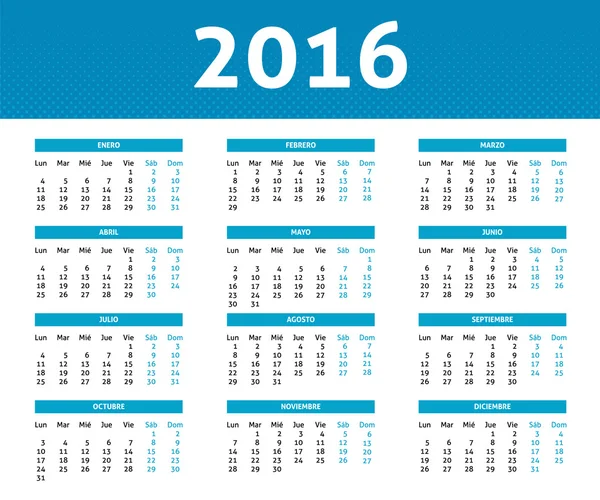 Calendario 2016 anno in spagnolo in colore azzurro in mezzatinta sty — Vettoriale Stock