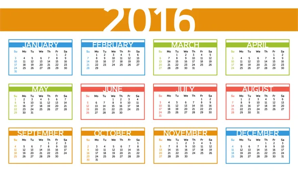 2016 calendario colorido año en idioma Inglés — Vector de stock