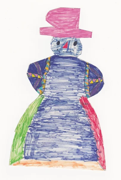Boneco de neve colorido com chapéu rosa (foto original da criança ) — Fotografia de Stock