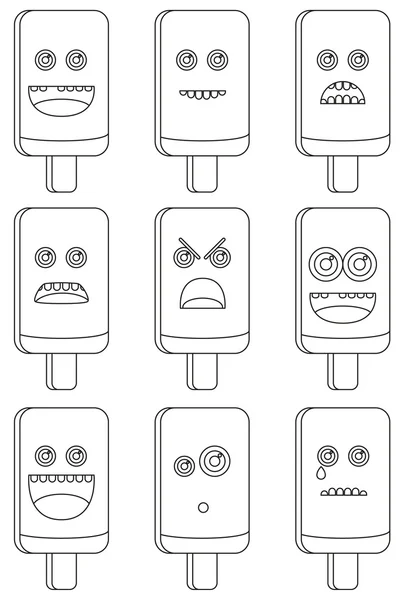 Coloring book - Collectiion of 9 isolated ice cream emoticons — Stock Vector