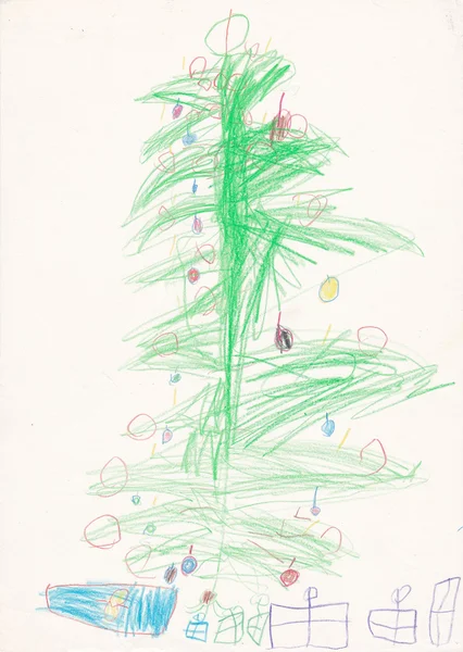 Original child (4 years) illustration - christmas tree with pres — Stock Photo, Image