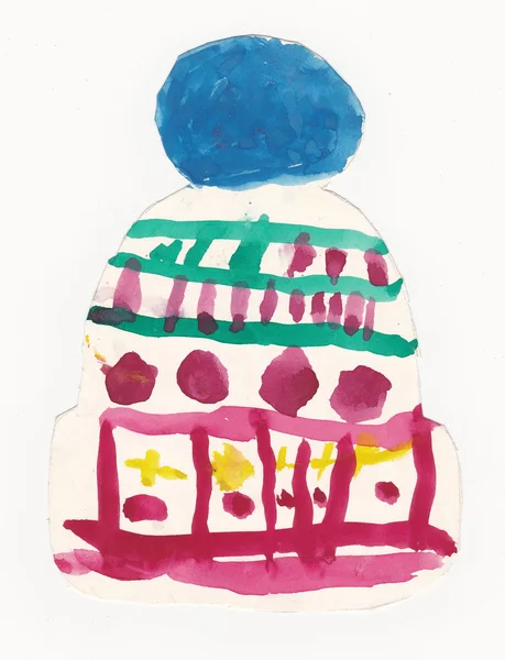 Gorro colorido com grande pompon - ilustração infantil original — Fotografia de Stock