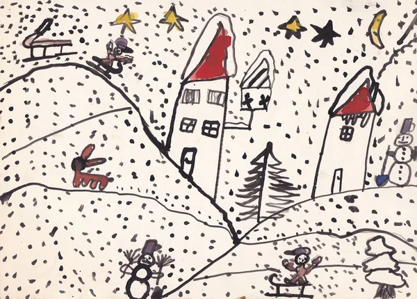 Original child illustration of winter landscape (ink on paper) — Stock Photo, Image