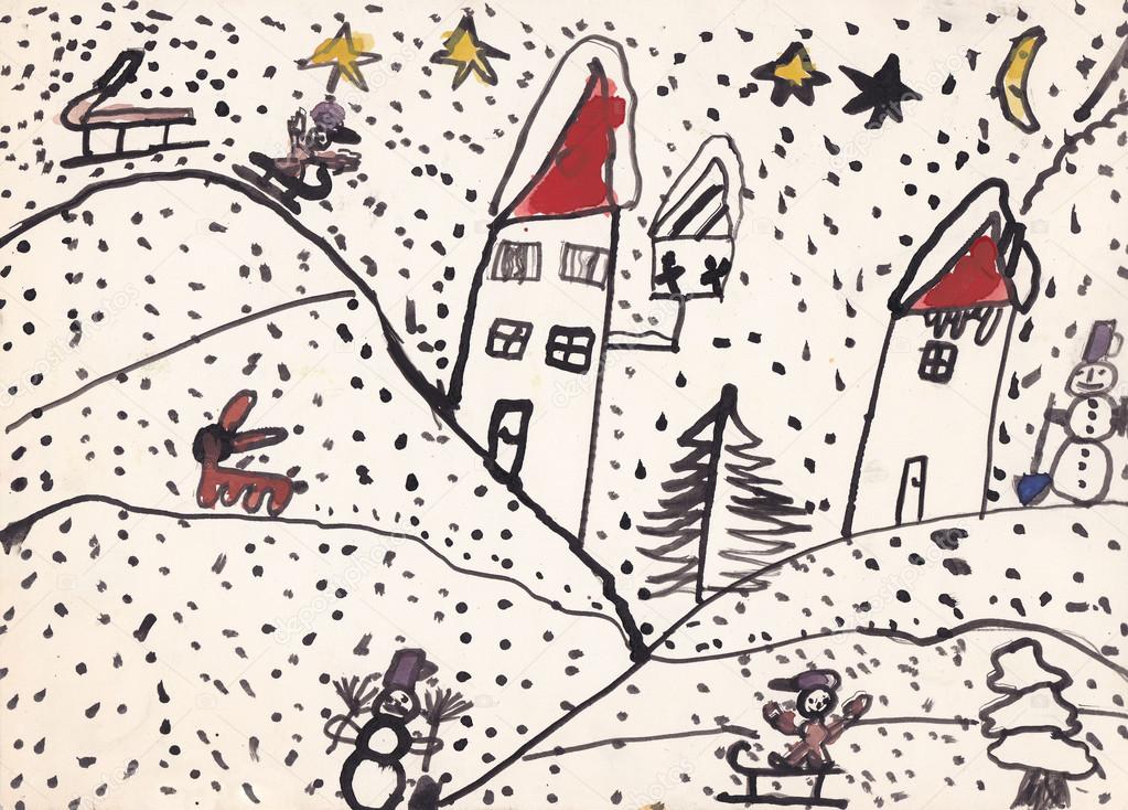 Original child illustration of winter landscape (ink on paper)