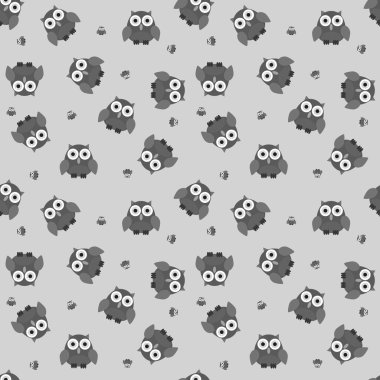 Kesintisiz çizgi film baykuş desen gri tonlama