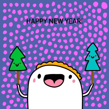 Çizgi film karalama stiliyle çizilmiş mutlu yeni yıl vektör illüstrasyonları. Çam ağacı menekşesi tutmaktan mutlu.