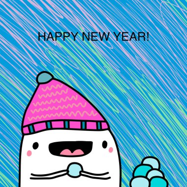 Yeni yılınız kutlu olsun. Çizgi film karalama stiliyle çizilmiş vektör çizimi. Neşeli, elinde kar topu kış oyunu tutan adam.