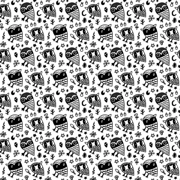 Owl nocturnal animals snakes hand drawn seamless pattern in cartoon comic style black white — Stockvector