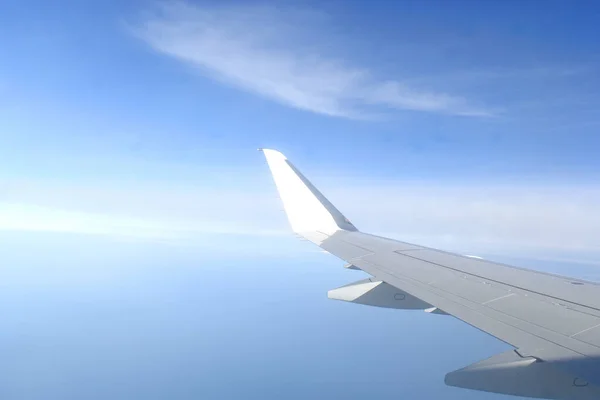 Bellissimo Orizzonte Cielo Blu Con Ala Bianca Aereo Che Riempie — Foto Stock