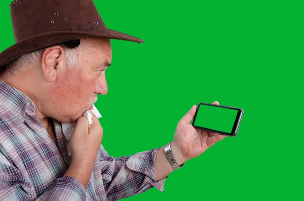 Old Man Wearing Brown Hat Checkered Shirt Staring Confusion Green — Stock Photo, Image