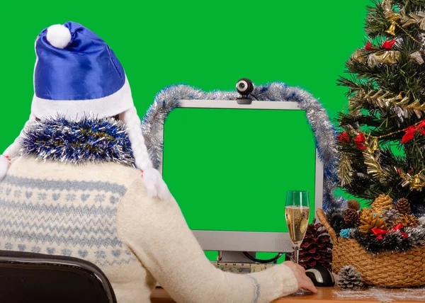 Mature Woman Looking Chroma Key Desktop Monitor Christmas Eve Probably — Stock Photo, Image