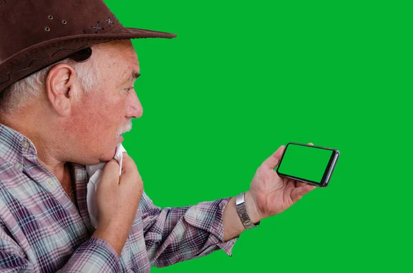 Old Man Farmer Pleasantly Surprised Attention Telemedicine Service Sick Recently — Stock Photo, Image