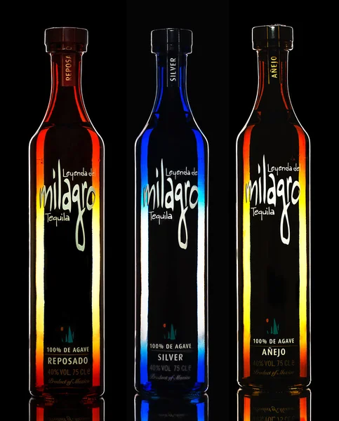 Three bottles of Tequila Leyenda del Milagro — Stock Photo, Image