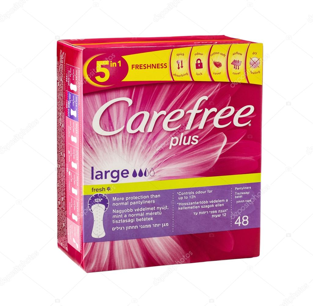 Rishon Le Zion, Israel-December 7, 2014: Carton pack of Carefree Plus Fresh Large Panty Liners 48 pieces. Produced by Johnson & Johnson, USA