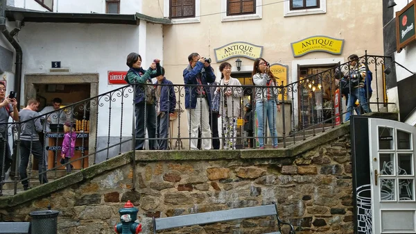 Asijští turisté střílet Krumlov — Stock fotografie